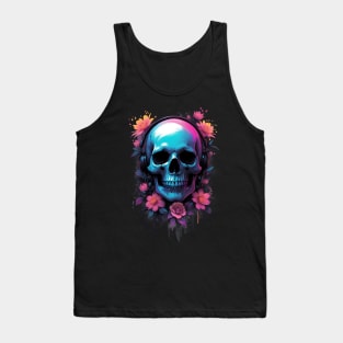 Skull with Music Headphones and Flowers Tank Top